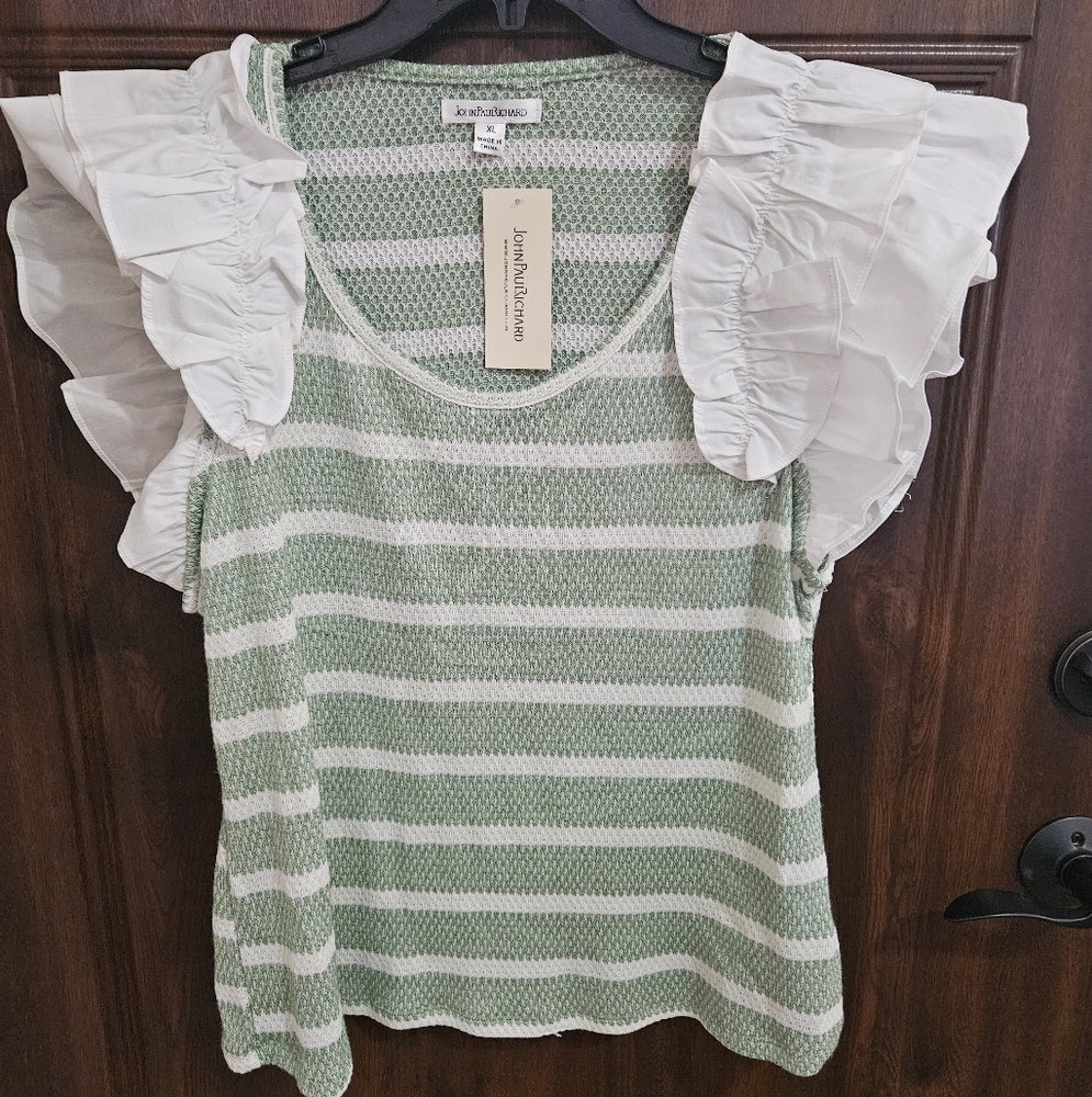 JohnPaulRichard Striped Green and White Blouse with Ruffle Sleeves- Xl